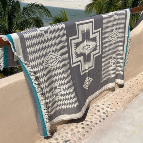 SUCCULENTS Teal Green Ecru White Loom Weave Organic Cotton 2 Side New With Tag - Picture 16 of 16